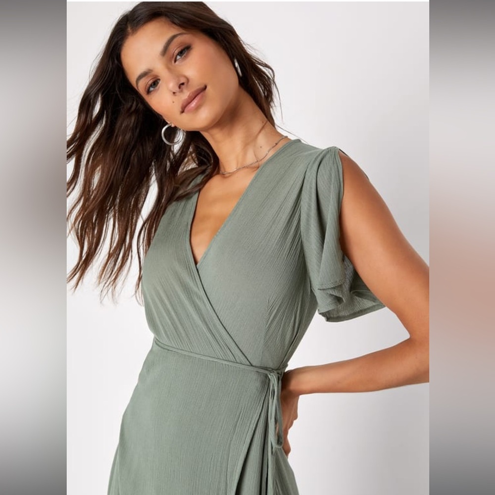Lulus NWT Sage Olive Green Wrap Much Obliged Dress - XS adjustable - Bridesmaid